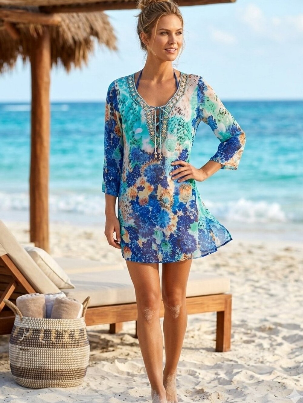 7 Islands NWT Sheer Long Sleeved Mini Dress, Beach Cover Up Small